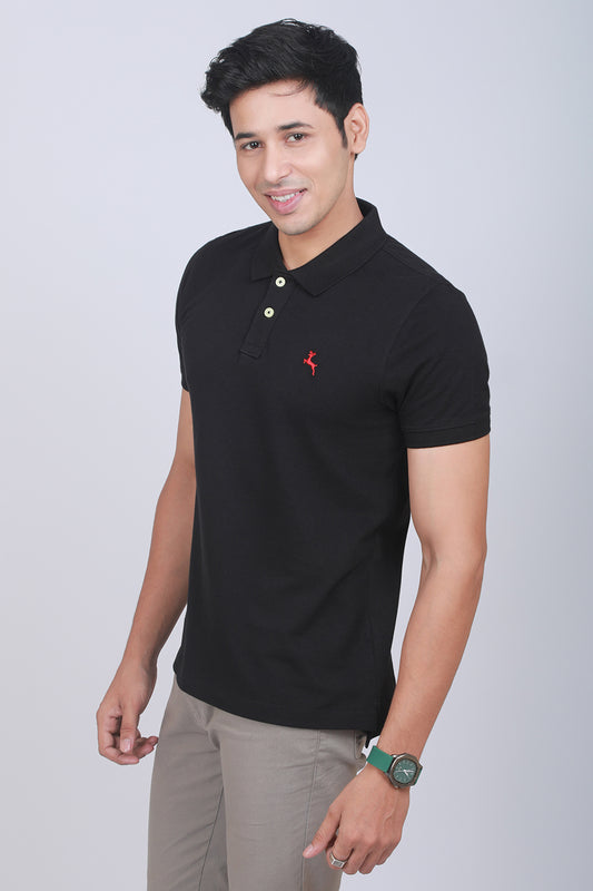 Men's Black Core Pique Polo T-shirt with Logo Embroidery