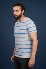 Men's Grey Melange/Blue striped round neck t-shirt