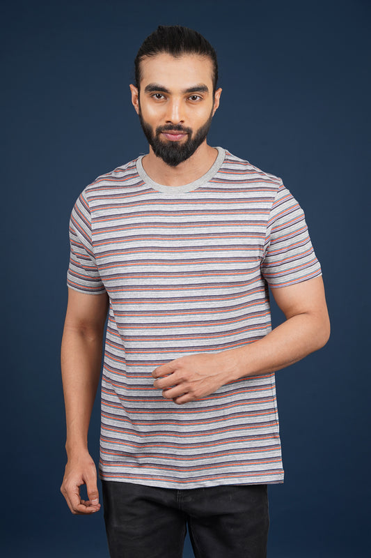 Men's Grey/Orange/Blue striped round neck t-shirt