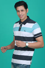 Men's White/Blue/Navy Striped Single Jersey Polo T-shirt