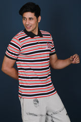 Men's Red/White/Black Striped Pique Polo T-shirt