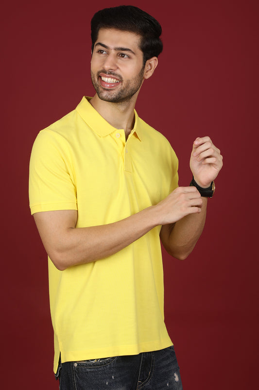 Men's Yellow Enzyme Wash Pique Polo T-shirt