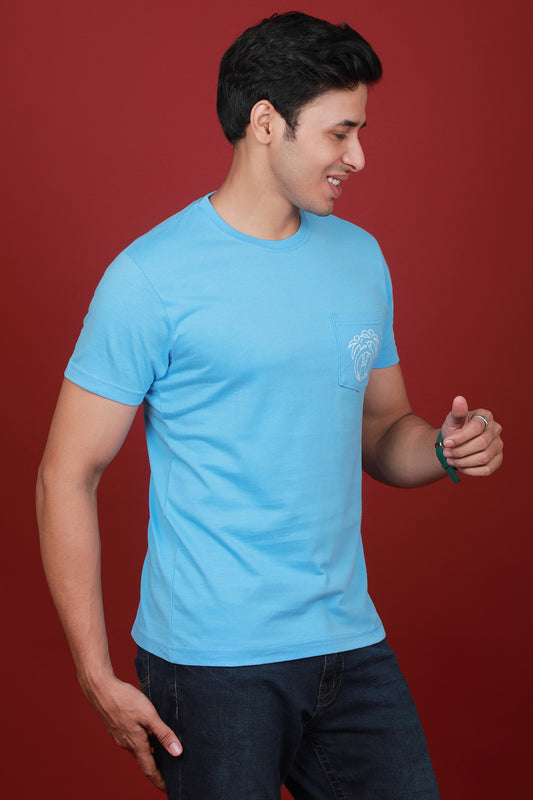 Men's Blue Single Jersey Printed Round Neck T-shirt With Pocket