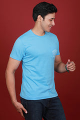 Men's Blue Single Jersey Printed Round Neck T-shirt With Pocket