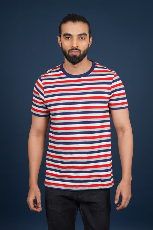 Men's Maroon/Navy/Light Grey striped round neck t-shirt