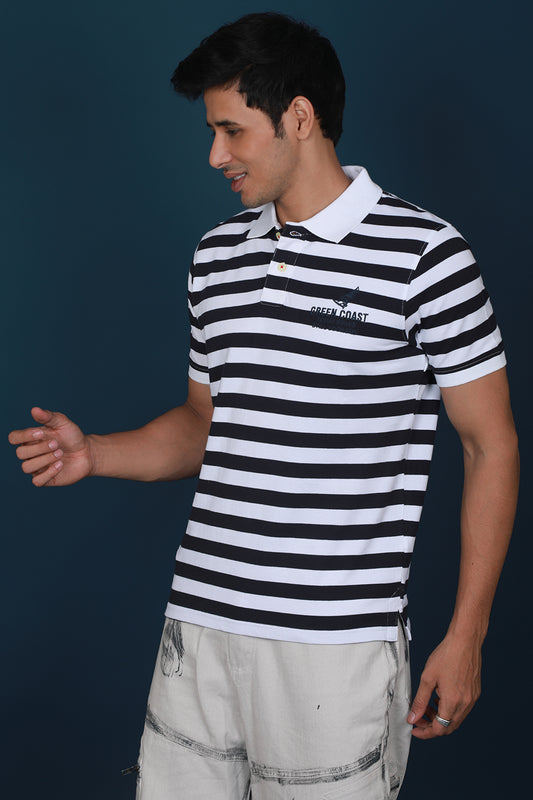 Men's Navy/White Striped Pique Polo T-shirt