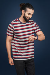 Men's Navy/Maroon/Light Grey striped round neck t-shirt