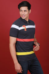 Men's Black/White/Red/Yellow Striped Single Jersey Polo T-shirt