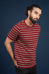 Men's Maroon/Parrot Green striped round neck t-shirt