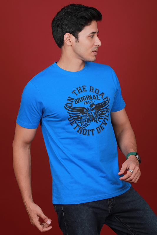 Men's Blue Printed Single Jersey Round Neck T-shirt