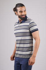 Mens Grey/Navy Striped single jersey polo t-shirt