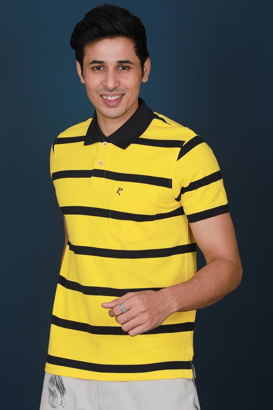 Men's Cyber Yellow/Black Striped Pique Polo T-shirt