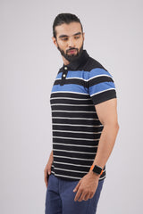 Men's Black/Blue/White Striped Pique Polo T-shirt