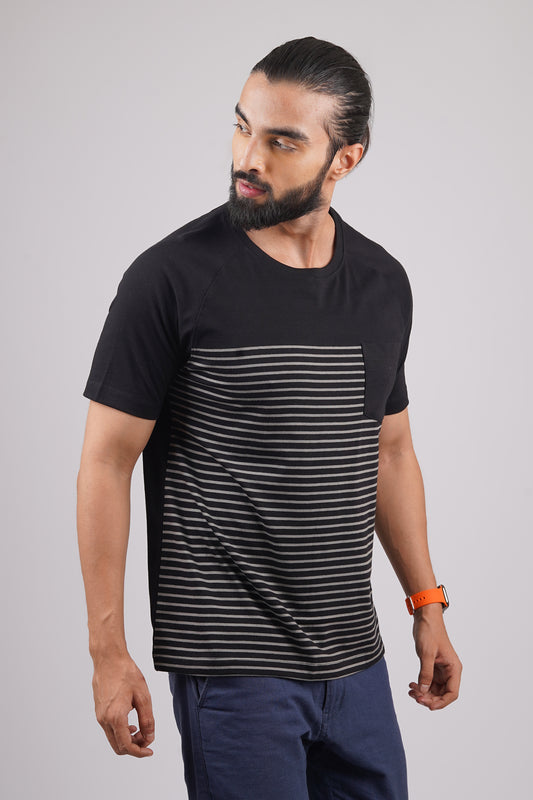 Men's Black/Grey striped round neck t-shirt
