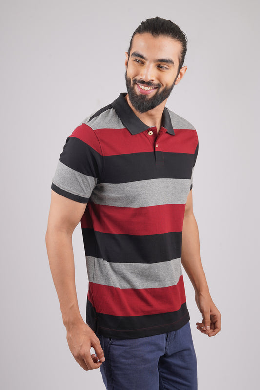 Mens Grey/Navy/Maroon Striped single jersey polo t-shirt