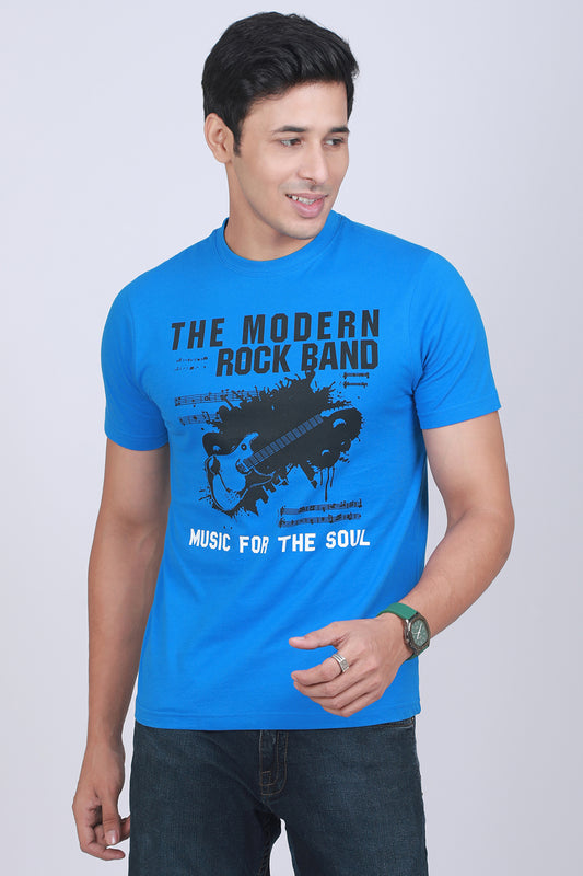 Men's Blue Printed Single Jersey Round Neck T-shirt