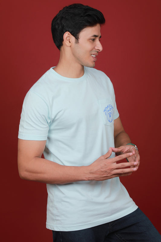 Men's Light Blue Single Jersey Printed Round Neck T-shirt With Pocket