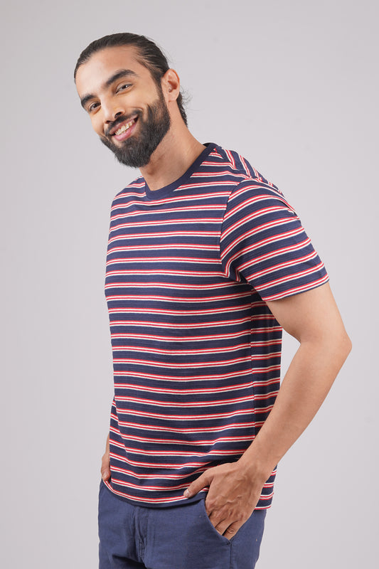 Men's Navy/Red striped round neck t-shirt