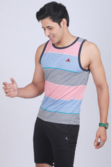 Men's White/Blue/Red Single Jersey Sleeveless Striped T-shirt