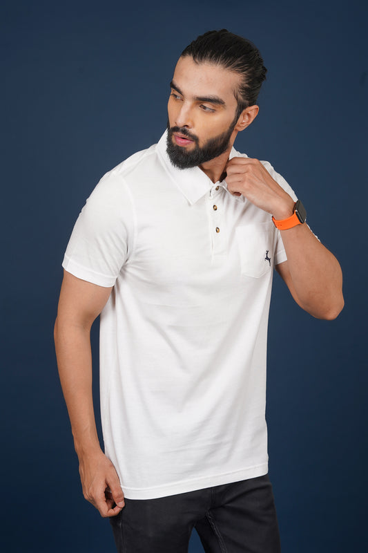 Men's Pure white single jersey polo t-shirt with pocket