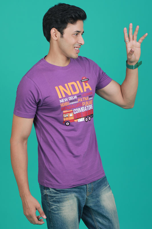 Men's Purple Printed Single Jersey Round Neck T-shirt