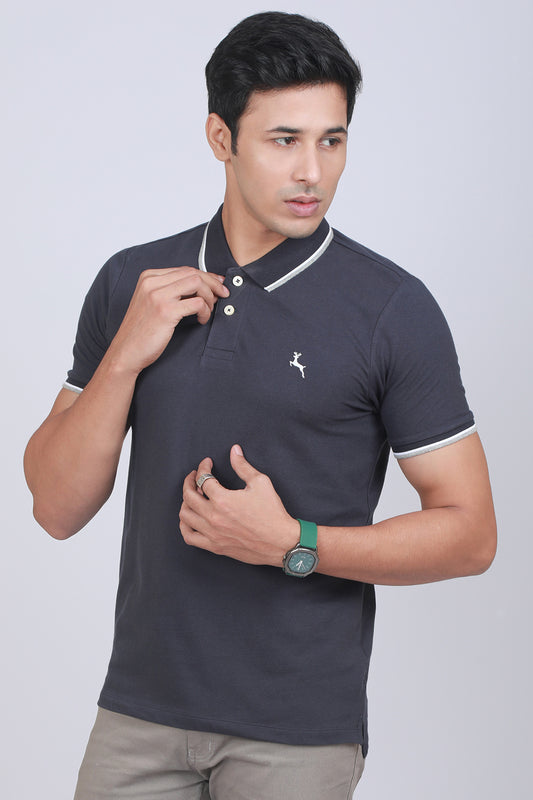 Men's Navy Lycra Pique Polo Tipping Collar T-shirt