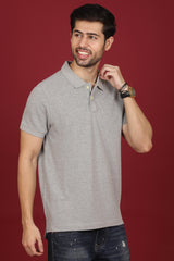 Men's Grey Melange Enzyme Wash Pique Polo T-shirt