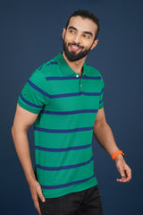 Men's Green/Blue Striped single jersey polo t-shirt