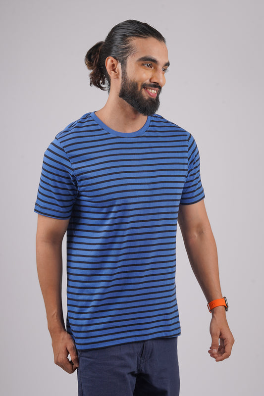 Men's Blue/Black Striped round neck t-shirt