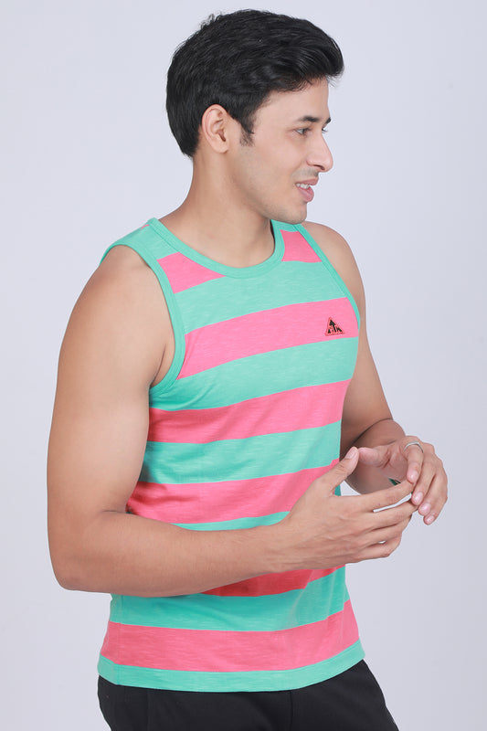 Men's Aqua/Coral Single Jersey Sleeveless Striped T-shirt