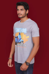 Men's Grey Melange Pima Cotton Single Jersey Round Neck T-shirt with Digital Print