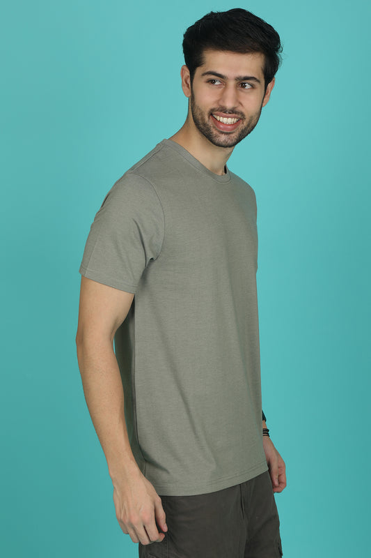 Men's Olive Melange Round Neck T-shirt with Logo