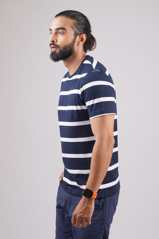 Men's Navy/White striped round neck t-shirt