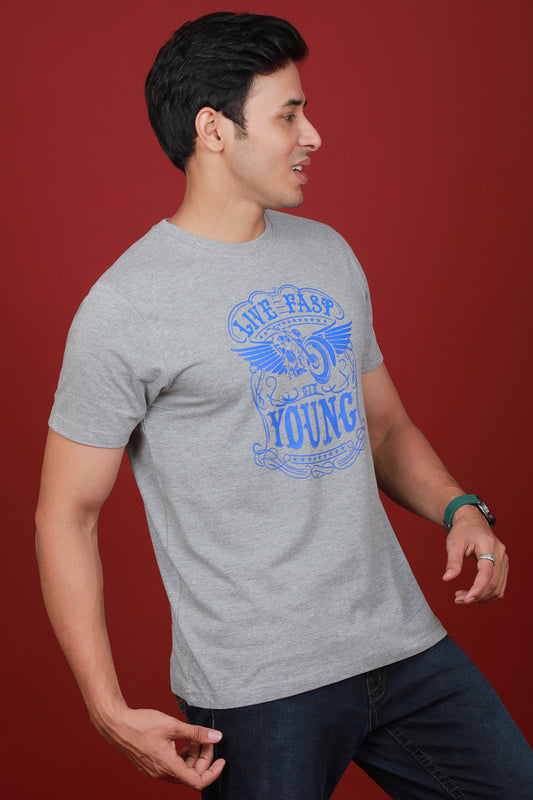 Men's Grey Printed Single Jersey Round Neck T-shirt