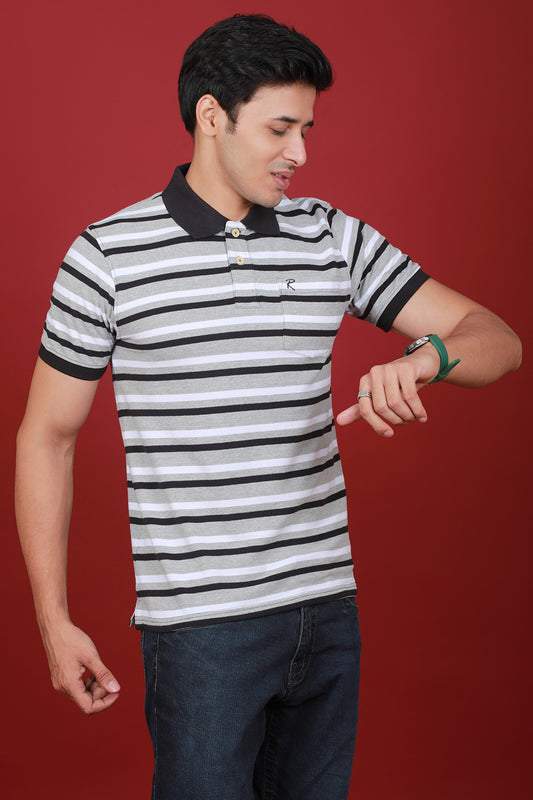 Men's Grey/White/Black Striped Pique Polo T-shirt