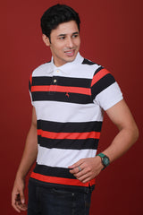 Men's Red/White/Dark Navy Striped Pique Polo T-shirt