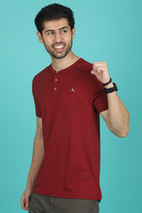 Men's Biking Red Pima Cotton Single Jersey Henley Neck T-shirt with Logo