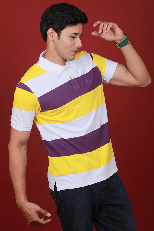 Men's Cyber Yellow/White/Purple Striped Pique Polo T-shirt