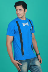 Men's Blue Printed Single Jersey Round Neck T-shirt