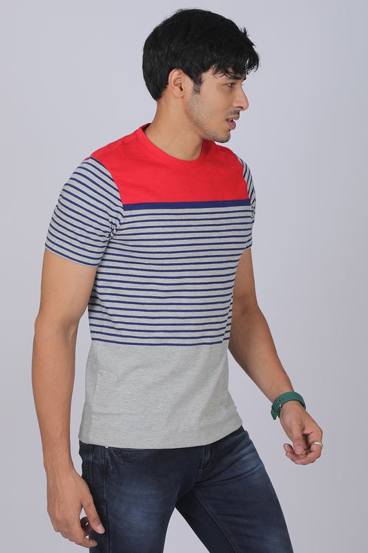 Men's Grey/Red/Blue Striped Round Neck T-shirt