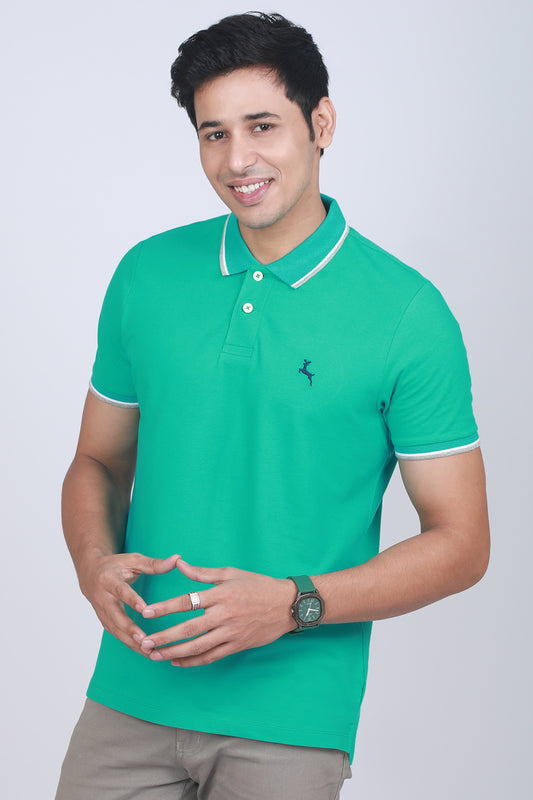 Men's Pool Green Lycra Pique Polo Tipping Collar T-shirt