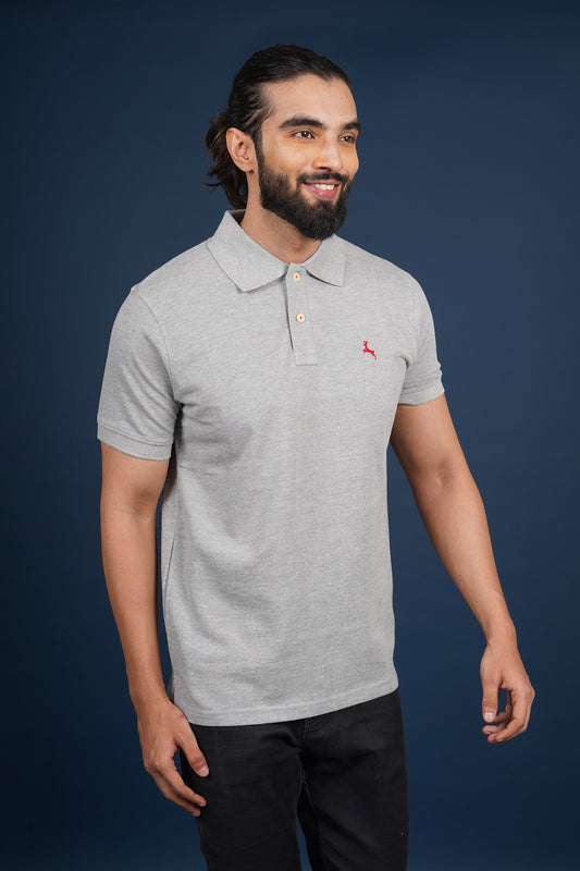 Men's grey melange core pique polo  t-shirt with logo