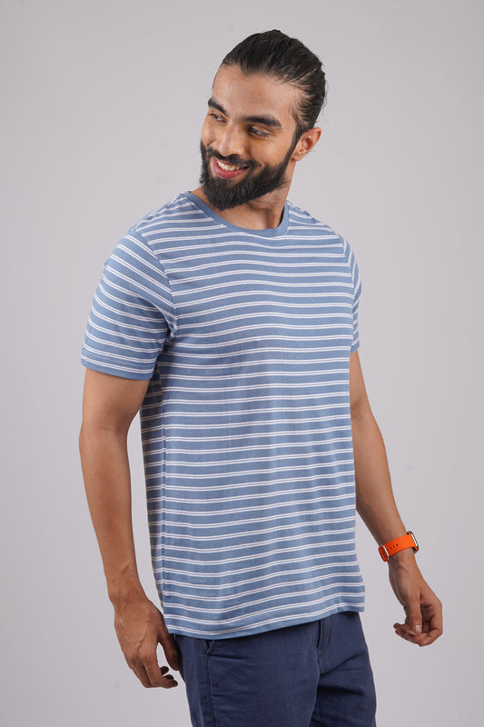 Men's Light Blue/White striped round neck t-shirt