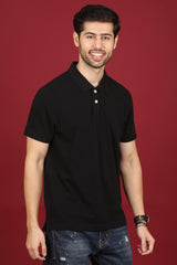 Men's Black Enzyme Wash Pique Polo T-shirt