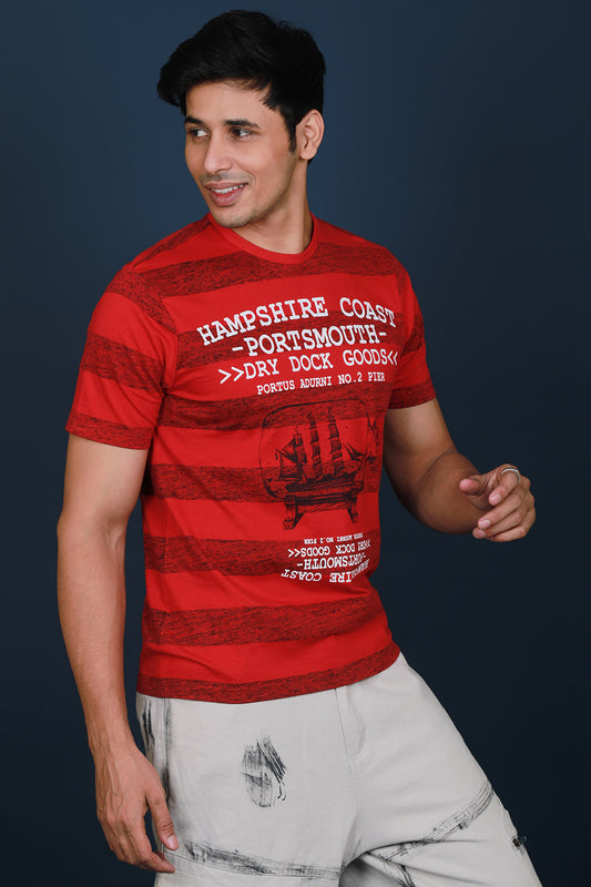 Men's Red Single Jersey Printed Round Neck T-shirt