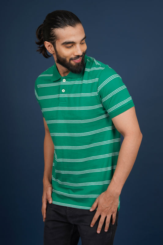Men's Green/White Striped single jersey polo t-shirt