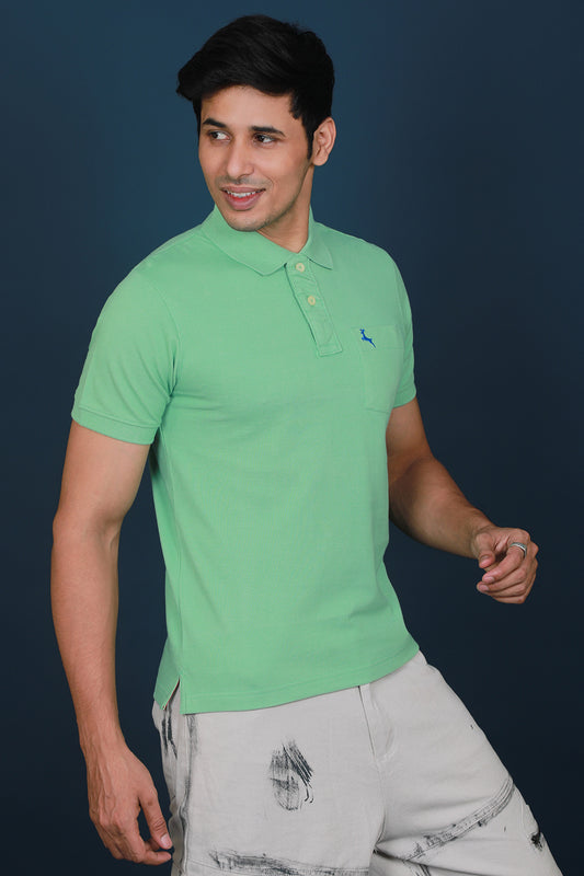 Men's Light Green Core Pique Polo Embroidery T-shirt with Pocket