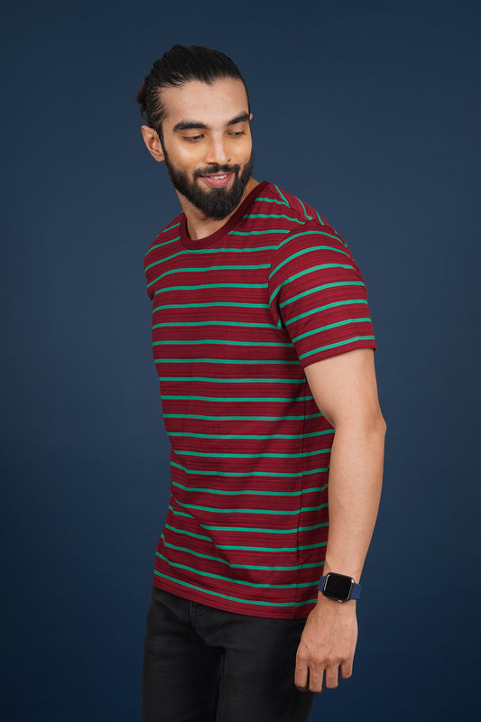 Men's Maroon/Leaf Green striped round neck t-shirt