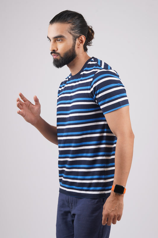 Men's White/Navy/Blue striped round neck t-shirt