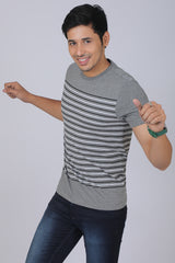 Men's Anthra Mel/White Striped Round Neck T-shirt